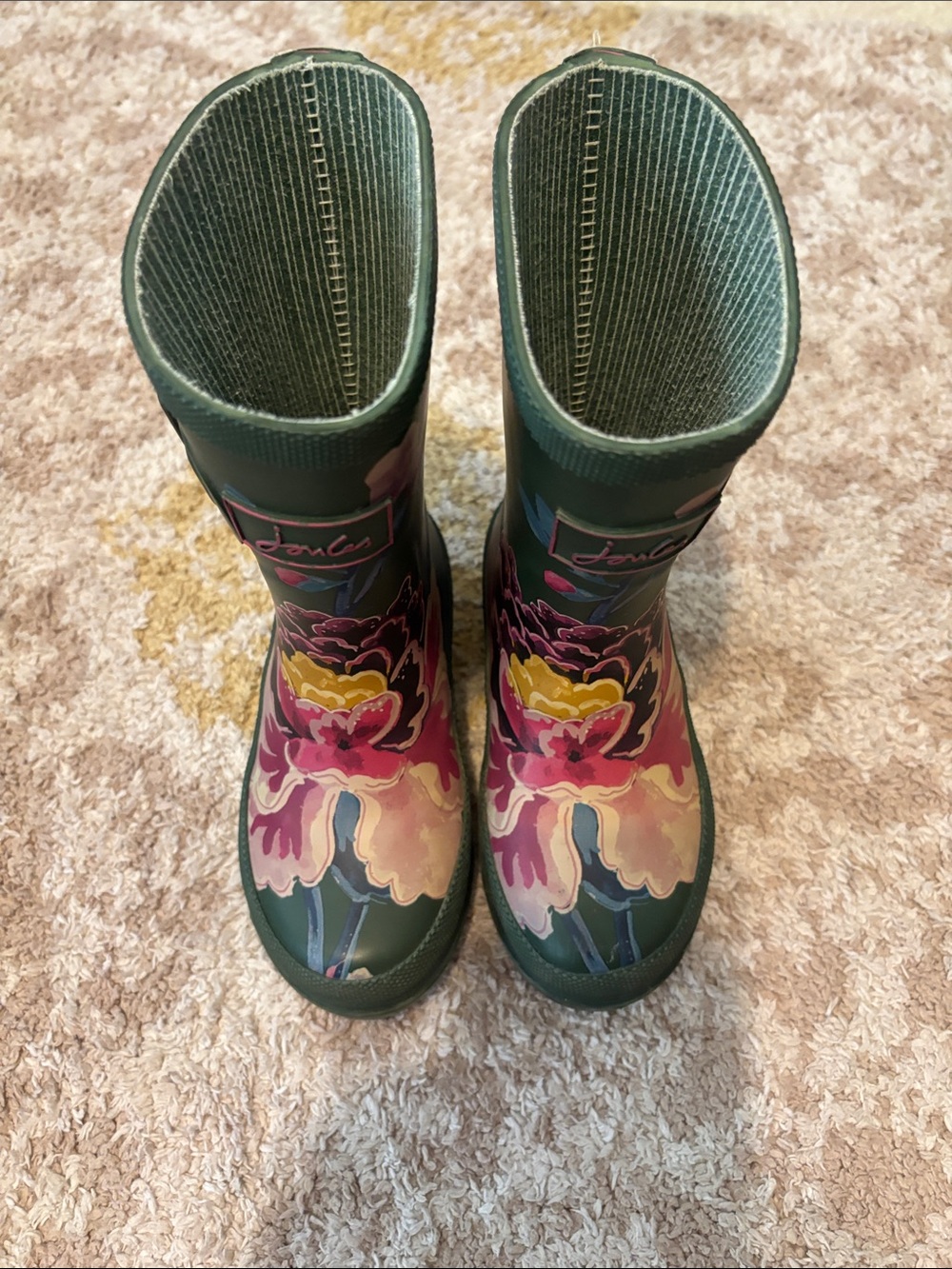 Joules Dark Green Floral Kids Rain Boots with Pink & Yellow Accents